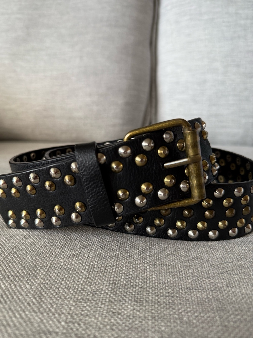 American Retro 100% Leather Studded Belt Black Silver Gold Hardware Size 31-36